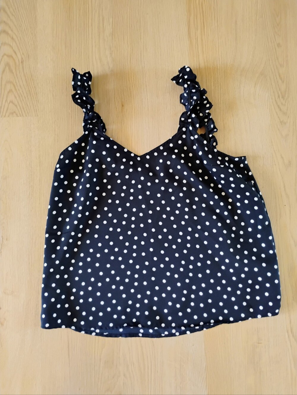 Express Navy and White Polka Dot Ruffle Strap Camisole
